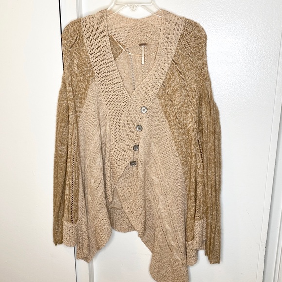 Free People Camel Combo Cable Crochet Cardigan S - Picture 2 of 6